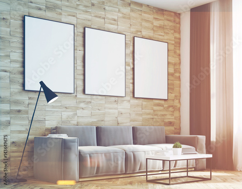 Light wood walls living room, side, toned