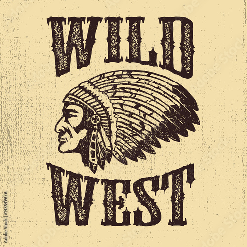 Wild West. Native american chief head illustration. Design elements for logo, label, emblem,sign. Vector illustration