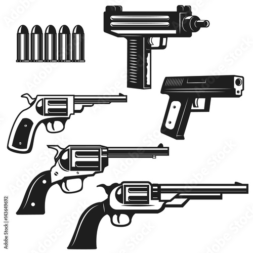 Set of handguns and revolvers isolated on white background. Design elements for logo, label, emblem, sign. Vector illustration