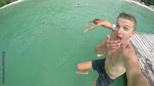 Summer Fun, Friends Jumping Into Sea. GoPro Slow Motion Video