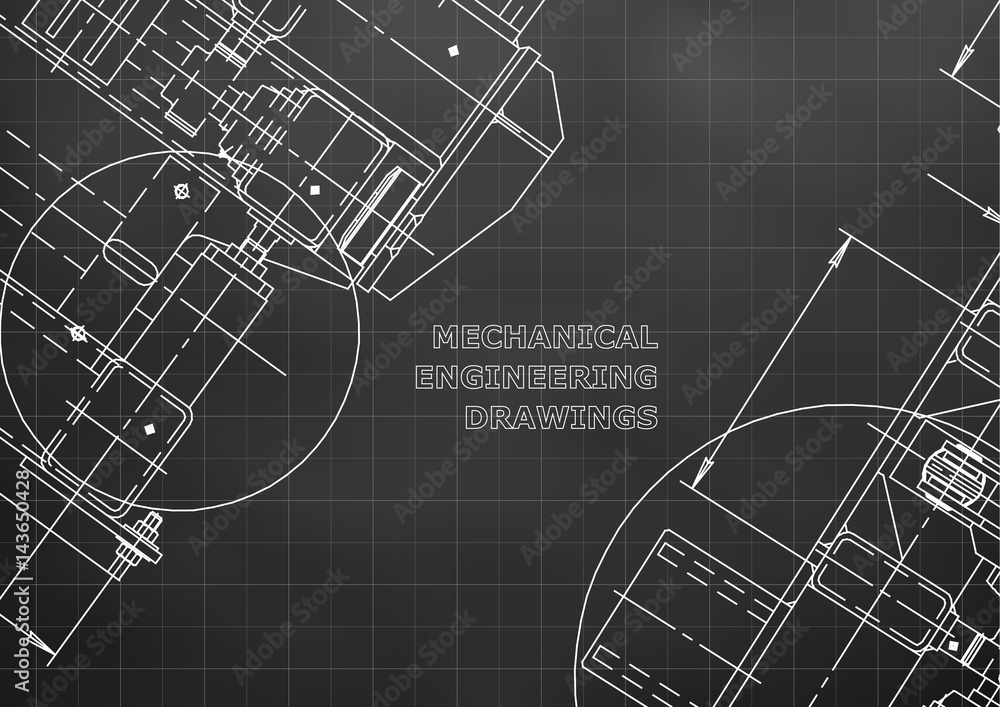 Blueprints. Mechanics. Cover. Mechanical Engineering drawing. Engineering design, construction. Black. Grid