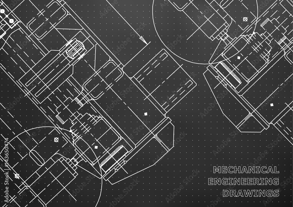 Mechanical Engineering drawing. Blueprints. Mechanics. Cover, background for your design. Black. Points