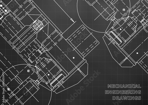 Mechanical Engineering drawing. Blueprints. Mechanics. Cover, background for your design. Black. Grid