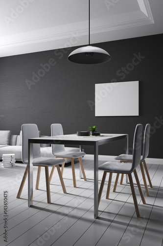 3D rendering : illustration of dining room part of a house in soft light color. brick wall with white furniture decoration in living room. with dining table. interior design of house