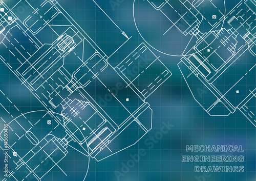 Mechanical Engineering drawing. Blueprints. Mechanics. Cover, background for your design. Blue. Grid