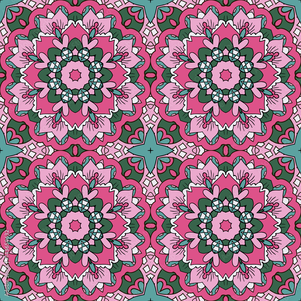 Oriental ornament relaxing. Doodle drawing. Seamless pattern. Mandala. Pink and blue