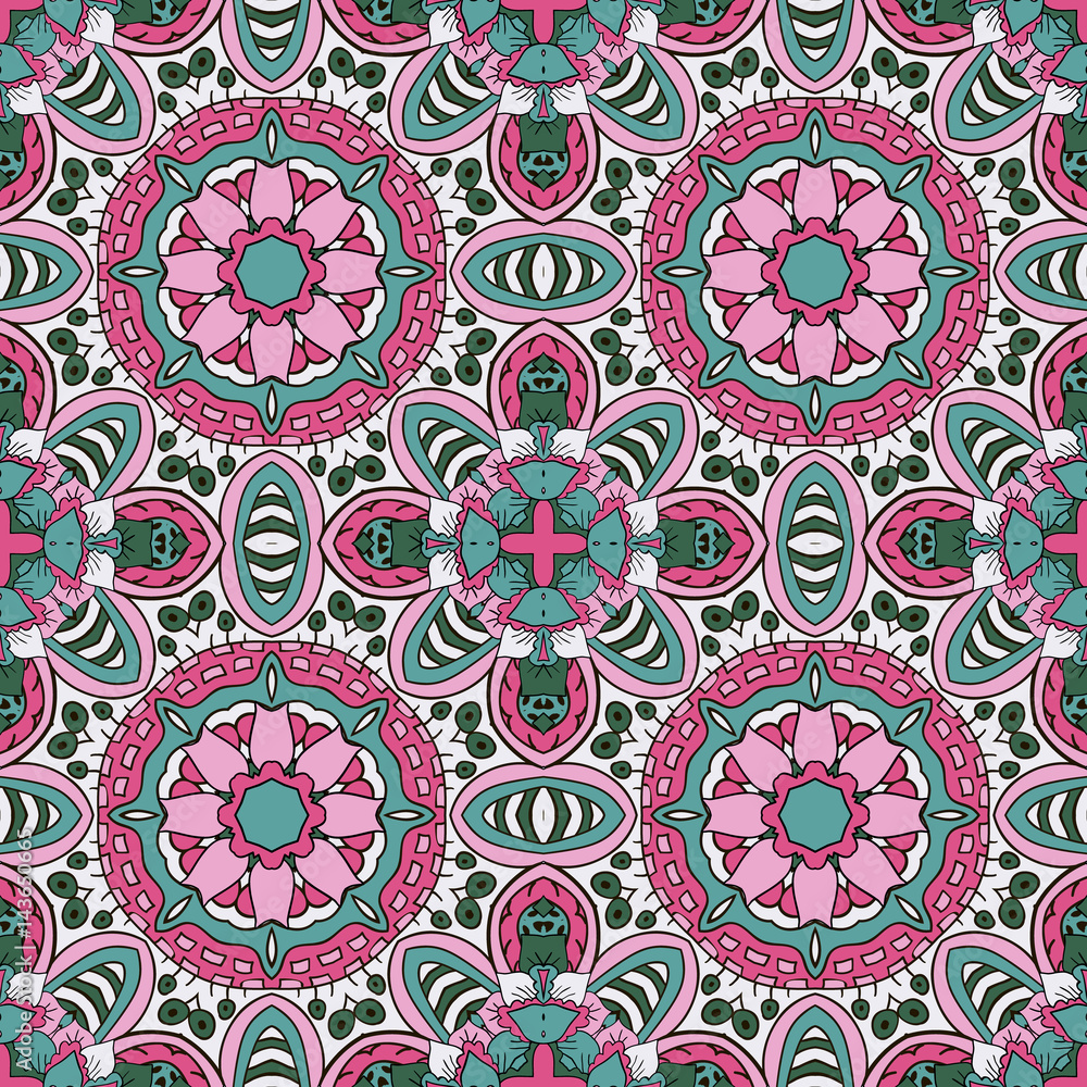 Oriental ornament relaxing. Doodle Seamless pattern. Mandala. Pink and blue