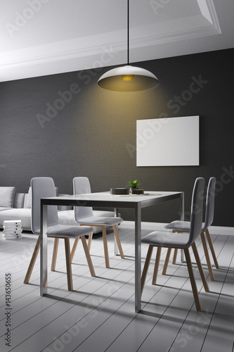 3D rendering : illustration of dining room part of a house in soft light color. brick wall with white furniture decoration in living room. with dining table. interior design of house © ittoilmatar