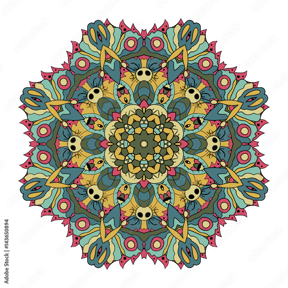 Oriental pattern. Traditional round ornament. Mandala. Doodle drawing. Blue, yellow and pink