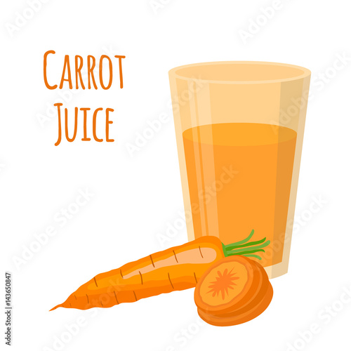 Carrot juice, carrot and slices. Cartoon flat style.