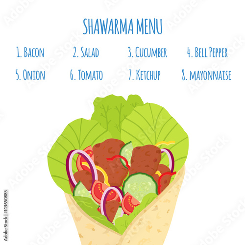 Cartoon shawarma menu with ingredients. Kebab grilled meat, doner fastfood.