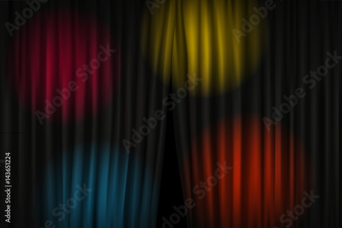 Opening stage curtains with color projectors. Vector illustration. Standup show template
