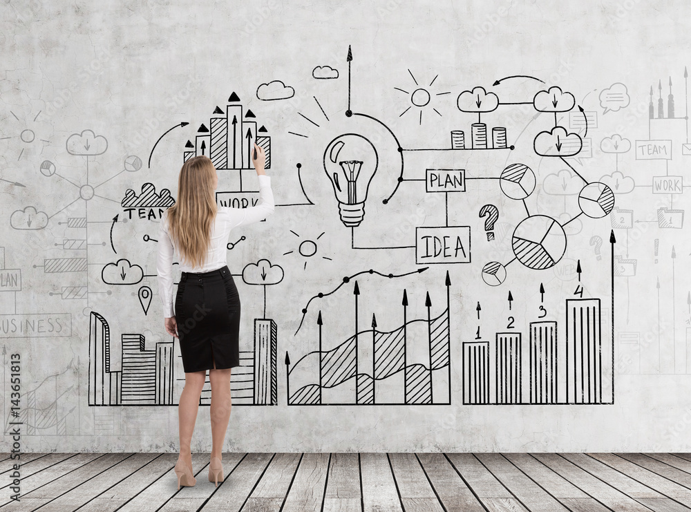 Blond woman drawing business idea Blond woman drawing business idea