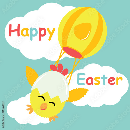 Vector cartoon of cute chick fly with hot air balloon for Easter postcard, wallpaper, and greeting card