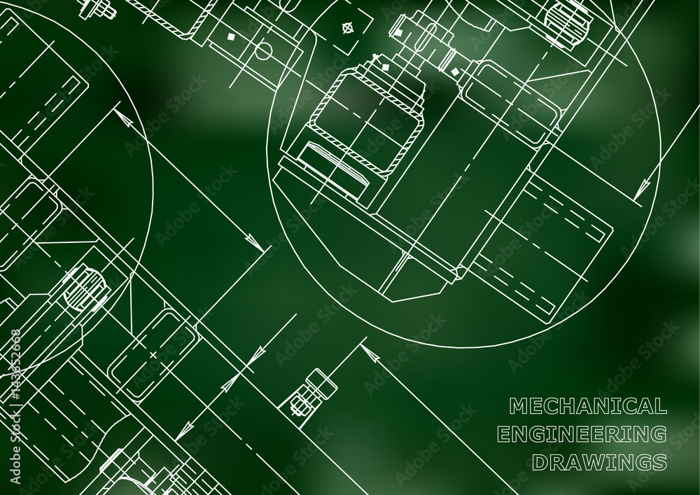 Mechanical Engineering drawing. Blueprints. Green