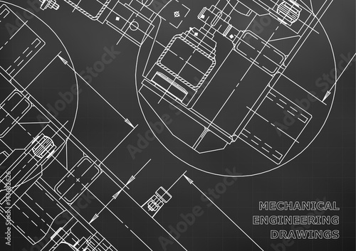 Mechanical Engineering drawing. Blueprints. Black. Grid