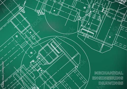 Blueprints. Mechanics. Cover. Mechanical Engineering drawing. Engineering design. Light green