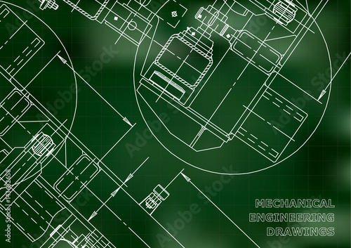 Mechanical Engineering drawing. Blueprints. Green. Grid