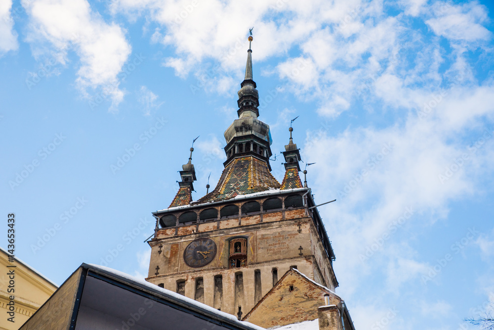 Tower view in city Sighisoara, Romania like a point of destination of touristic route. Dracula lands