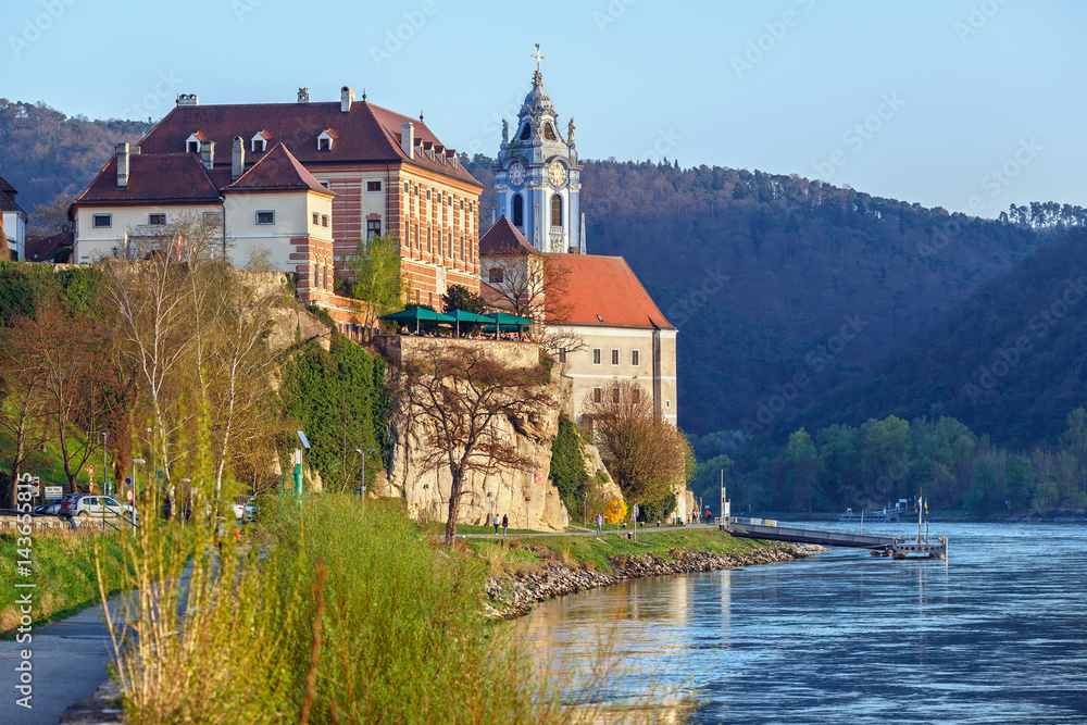 View of the medieval monastery Duernstein on the river Danube in the Wachau valley. Lower Austria