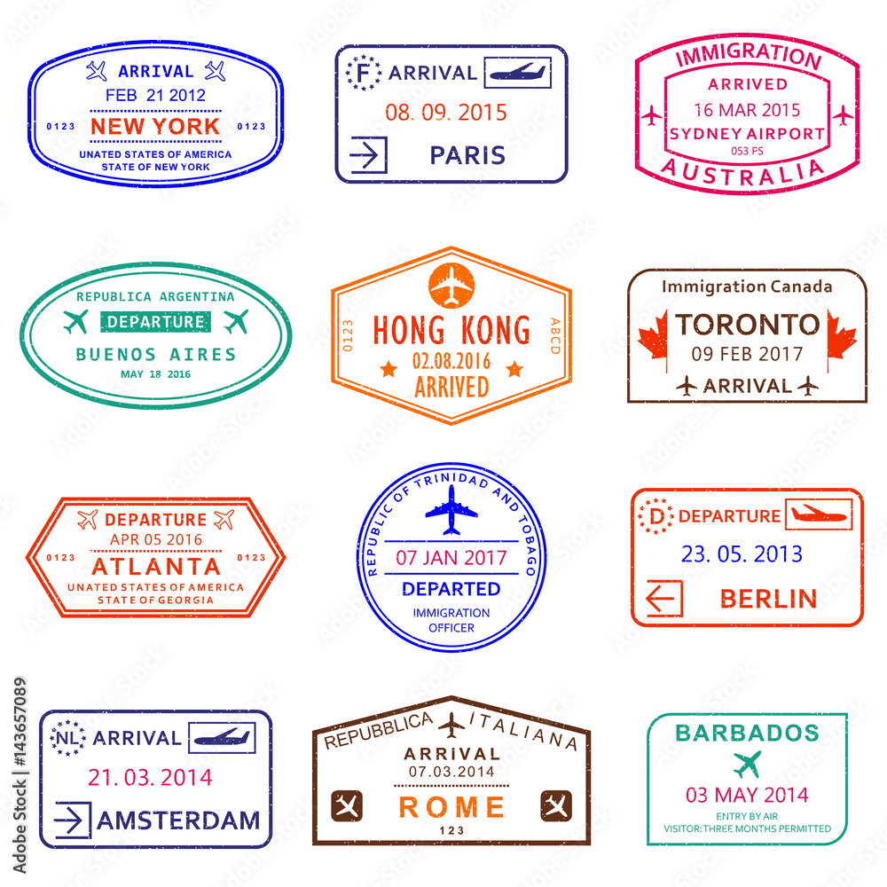 Visa stamp set. Passport stamps with New York, Amsterdam, Toronto, Sydney,  Paris, Berlin, Hong Kong and Rome airports. Vector illustration. Stock  Vector | Adobe Stock