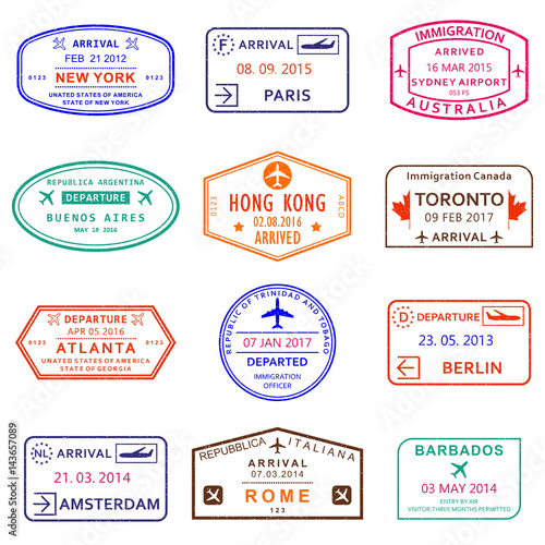 Visa stamp set. Passport stamps with New York, Amsterdam, Toronto, Sydney, Paris, Berlin, Hong Kong and Rome airports. Vector illustration.