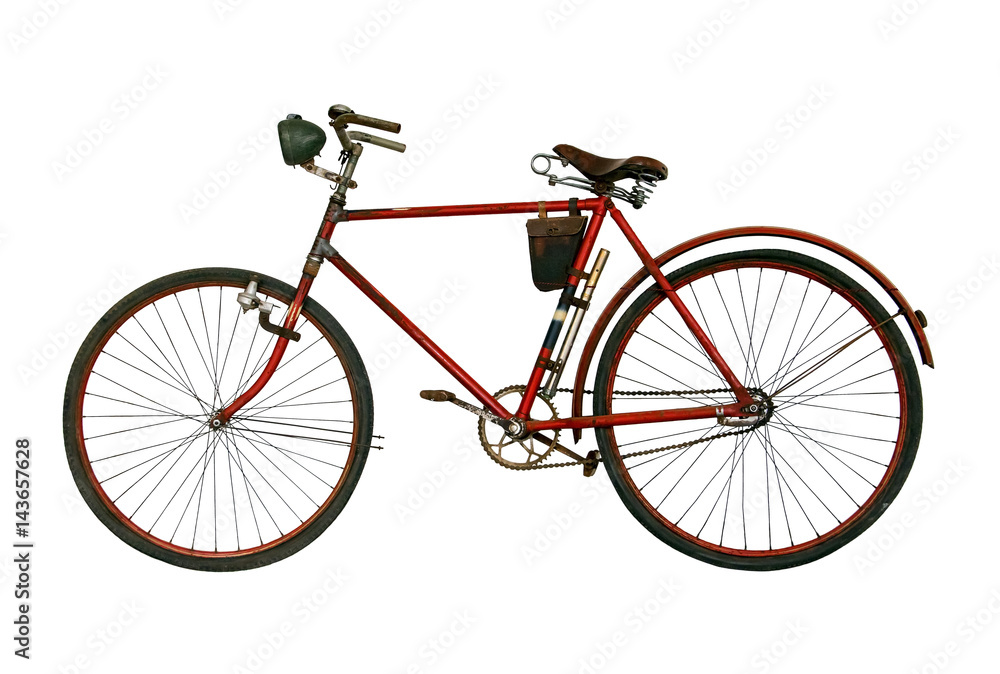 Antique rusted bicycle isolated on a white background. Retro red bike.