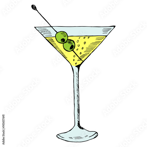 Martini with olive in glass hand drawn ink sketch, isolated, in color. Alcoholic cocktails sketch elements illustration.