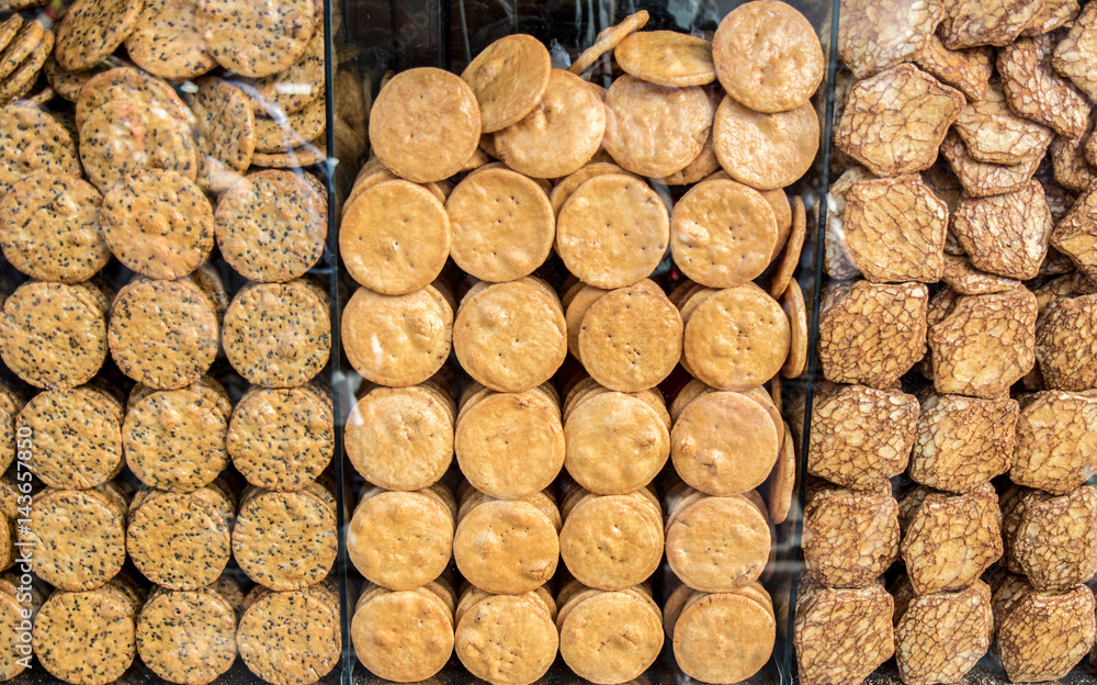 Senbei rice crackers at shop, Tokyo, Japan.