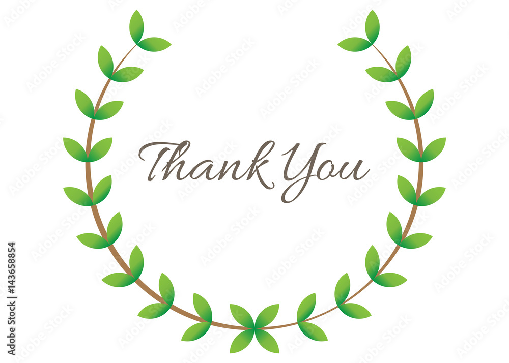Thank you card with green leaves wreath in isolated white background
