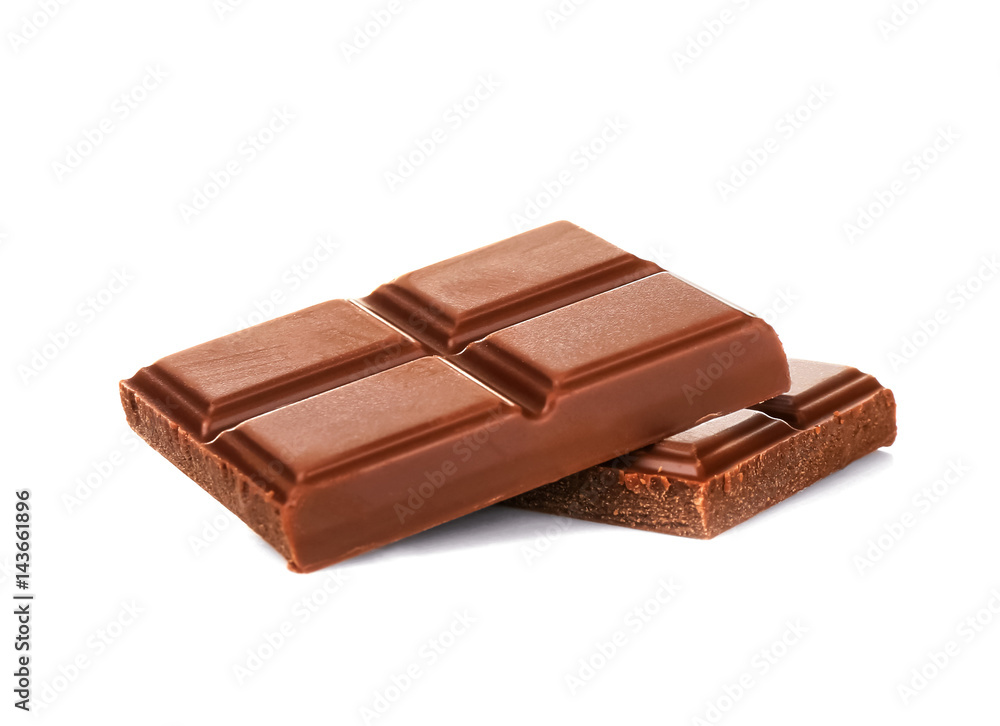 Broken chocolate pieces on white background