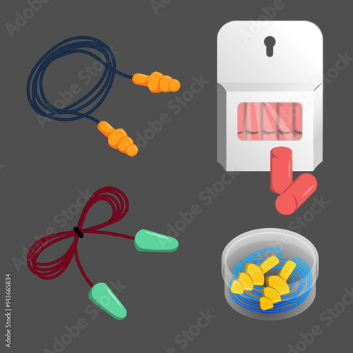 Noise, dust, water protection ear plugs of different construction. Vector illustration set of silicone and foam earplugs for medical use, airplane, sleep, gun shooting, pool swimming, hard working.