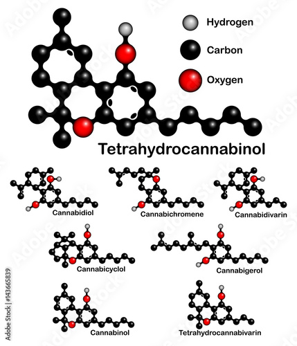 Chemical formulas of natural cannabinoids. Structural formulas of tetrahydrocannabinol, cannabinol, cannabidiol, cannabichromene, cannabidivarin, cannabicyclol, cannabigerol, tetrahydrocannabivarin.