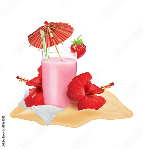 Beach composition. Strawberry cocktail, strawberry, hibiscus, napkin, cocktail tube and umbrella. Vector illustration