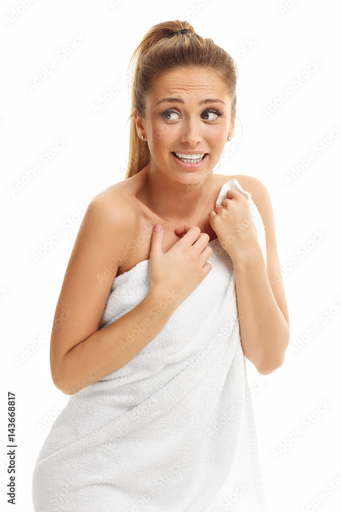 Beautiful woman with towel after bath isolated on white background