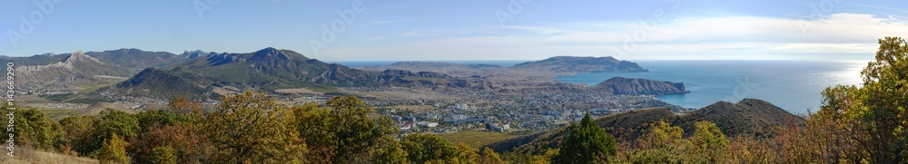 Panorama of Sudak valley from Perchem Mountain, Crimea, Russia.