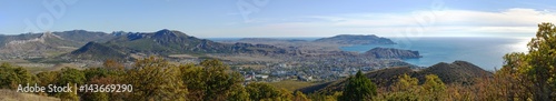 Panorama of Sudak valley from Perchem Mountain, Crimea, Russia.