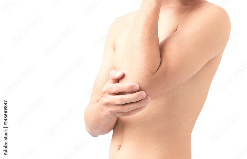 Fototapeta premium Man elbow pain on white background, health care and medical concept