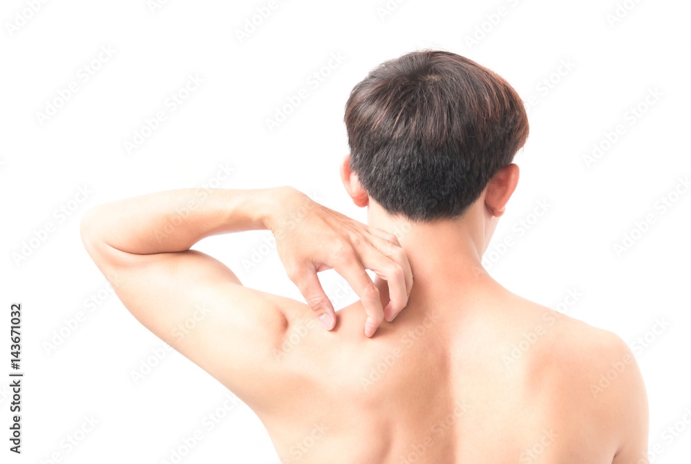Man Itching on shoulder with white background for healthy concept