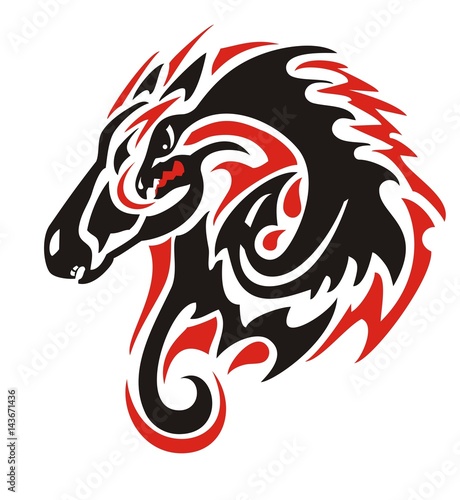 Tribal horse head with a dragon inside. Flaming mustang in red-black tones with the twirled young dragon inside ready for t-shirt design, tattoos and other
