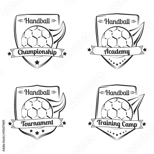 Set of handball vector hand drawn emblems. Sport logo design.