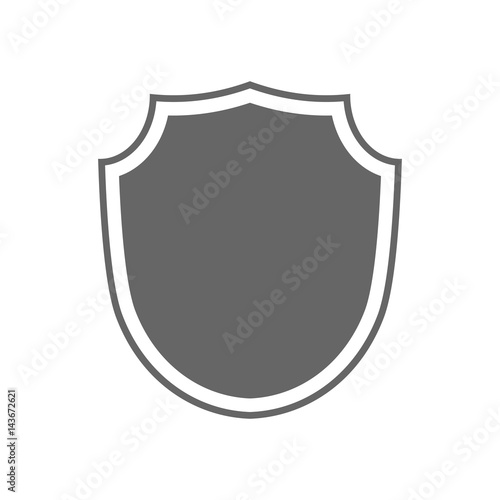 Shield shape icon. Gray label sign, isolated on white. Symbol of protection, arms, coat honor, security, safety. Flat retro style design. Element vintage heraldic emblem. Vector illustration
