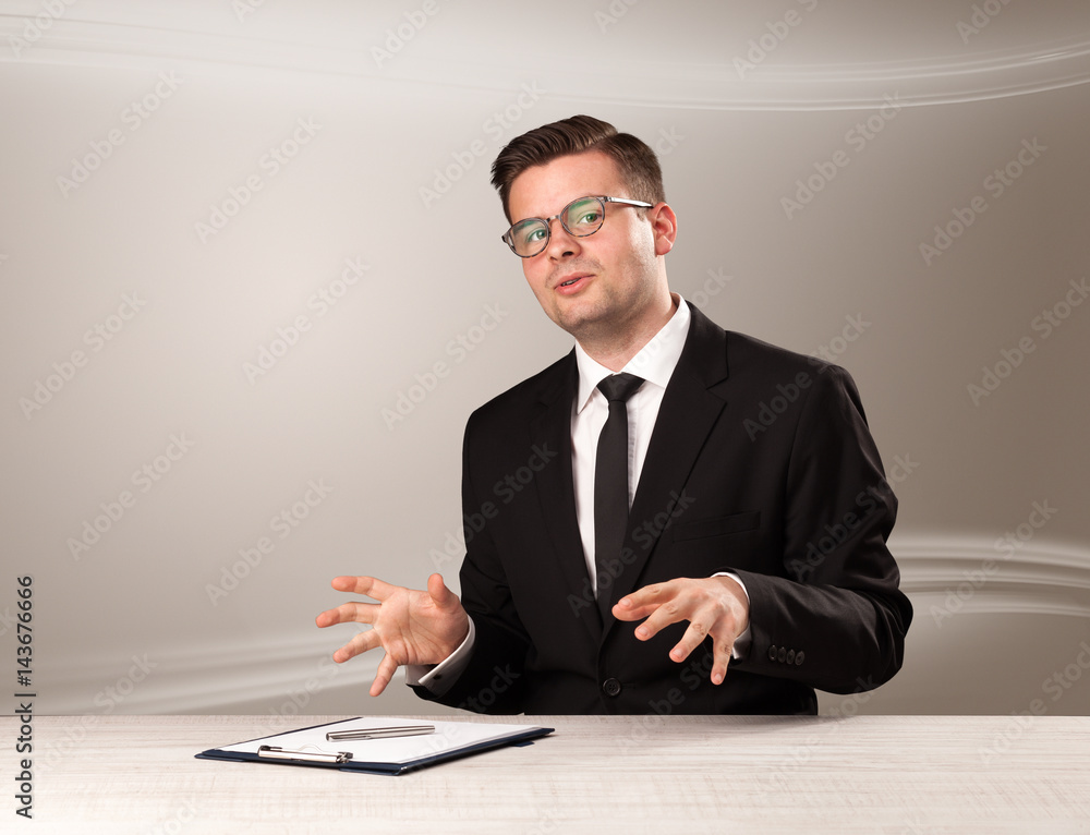 Televison host in live show with blank background Televison host in live show with blank background