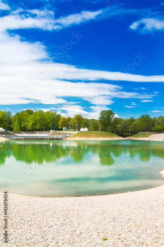 Beautiful Bundek lake in Zagreb, Croatia, in spring, blue sky