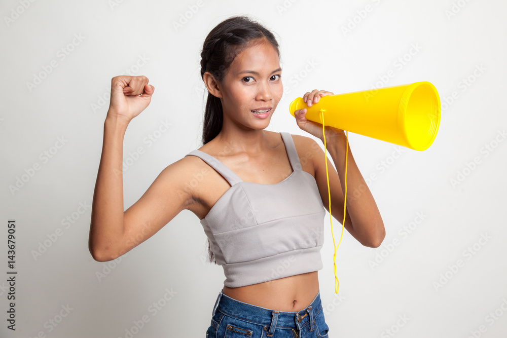 Beautiful young Asian woman announce with megaphone. Beautiful young Asian woman announce with megaphone.
