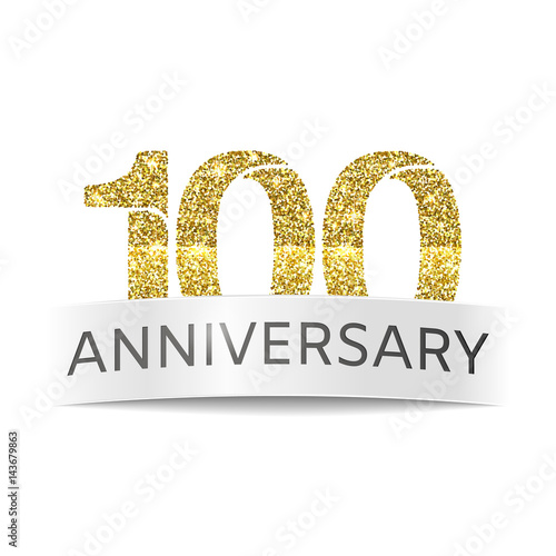 One hundred years anniversary. The banner of the 100th birthday golden glitter color on white background