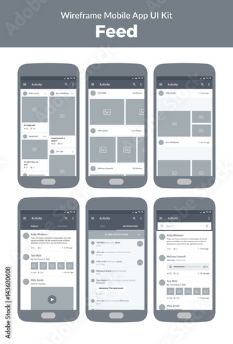 Wireframe kit for mobile phone. Mobile App UI design. Feed, activity, photos, public, notifications, search, screens.