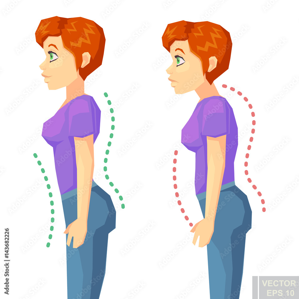 Incorrect standing posture make people have bad personality traits. Flat cartoon woman Stock Vector | Adobe Stock Incorrect standing posture make people have bad personality traits. Flat cartoon woman Stock Vector | Adobe Stock