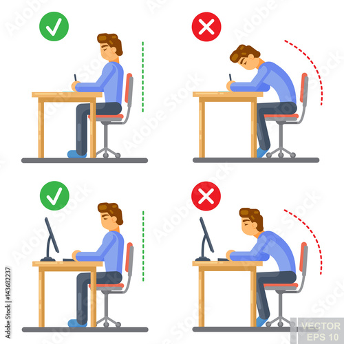 Vector - Correct body alignment in sitting working with computer writing drawing Flat illustration