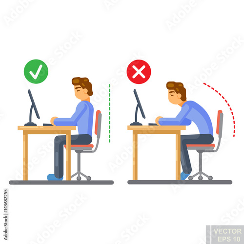 Vector - Correct body alignment in sitting working with computer Flat illustration